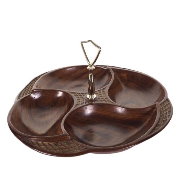 Vintage California 328-USA Wooden Look Resin Serving Tray With Handle & Leaf Des - Picture 1 of 5